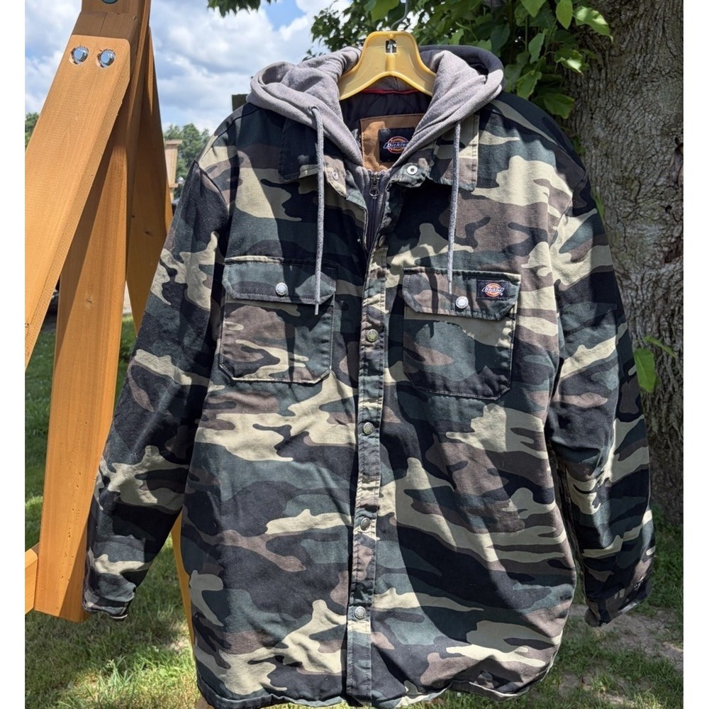 Dickies Built To Work Hooded Camo Canvas Jacket Men's Large Quilted Insulated